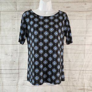 Ann Taylor LOFT Womens Printed Top Sz Small Black Blue Short Sleeve